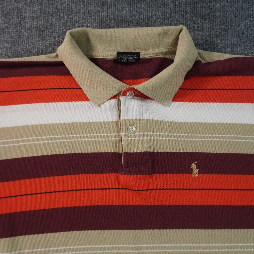 Polo Ralph Lauren Polo Shirt Mens XXL Burgundy Orange Tan Striped Pique Pony